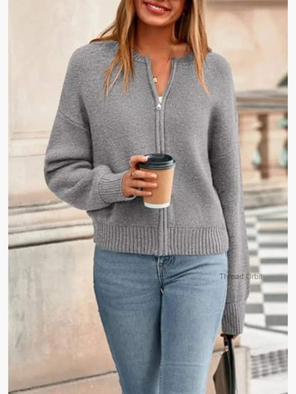 Chunky Ribbed Knit Cardigan Sweater, Open Front Zipper, Cozy Outerwear - Picture 3 of 7